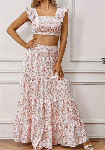 Square Neck Crop Top Printed Skirt Two Piece Set