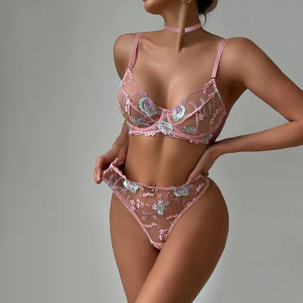 Women Lace Embroidered Bra Flower Embroidered Underwire Sexy LingerieSet