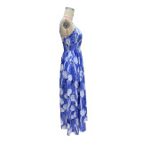 Spring Summer Women's Fashion Sexy Printed Slim Waist Strap Maxi Dress