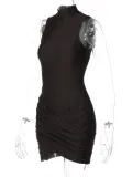 Women's Sexy Half Turtle Neck Sleeveless Slim Pleated Bodycon Dress