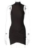 Women's Sexy Half Turtle Neck Sleeveless Slim Pleated Bodycon Dress