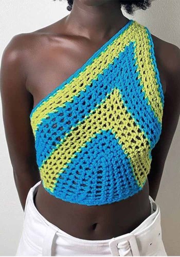 Slash Shoulder Crochet  Crop Basics Vest Women Contrast Color Sexy Low Back Lace-Up Top