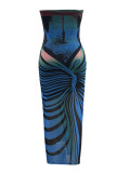 Women mesh printed slit sexy Maxi Dress