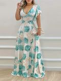 Summer Printed V-Neck Short-Sleeved Maxi Dress