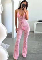 Spring Sexy Fashion See-Through Hollow Lace Low Back Halter Neck Slim Women's Summer Jumpsuit