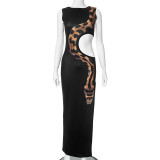 Women Summer Hollow Printed Slit Maxi Dress
