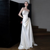 Strapless Wedding Dress Chic Bridal White Luxurious Satin Evening Dress（Processing time need 3-6 days）