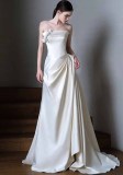 Strapless Wedding Dress Chic Bridal White Luxurious Satin Evening Dress（Processing time need 3-6 days）