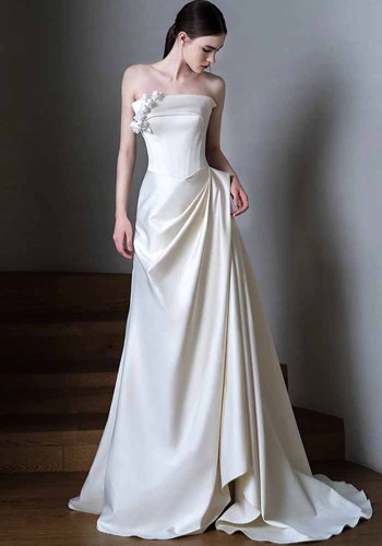 Strapless Wedding Dress Chic Bridal White Luxurious Satin Evening Dress