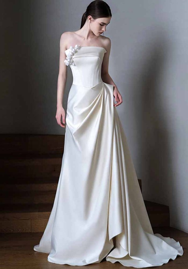 Strapless Wedding Dress Chic Bridal White Luxurious Satin Evening Dress（Processing time need 3-6 days）