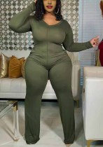 Plus Size Solid Color V-Neck Long Sleeve Jumpsuit