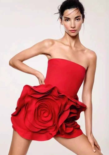Red Strapless Flower Tight Fitting Formal Party Dress