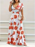 Summer Printed V-Neck Short-Sleeved Maxi Dress