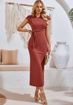 Women Summer Casual Solid Round Neck Knitting Dress