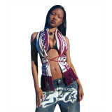 Summer Women Sexy Backless Strappy Tassel Printed Scarf Top