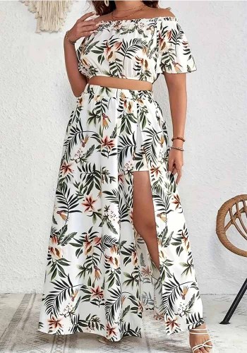 Plus Size Women Bohemian Printed Off-Shoulder Crop Top Slit Skirt Two-Piece Set