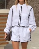 Women Round Neck Long Sleeve Top And Shorts Two-piece Set