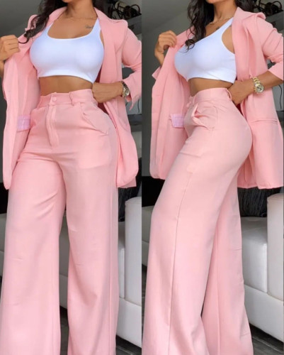 Women Elegant Solid Slit Sleeve Turndown Collar Blazer and Straight Pants Two-piece Set