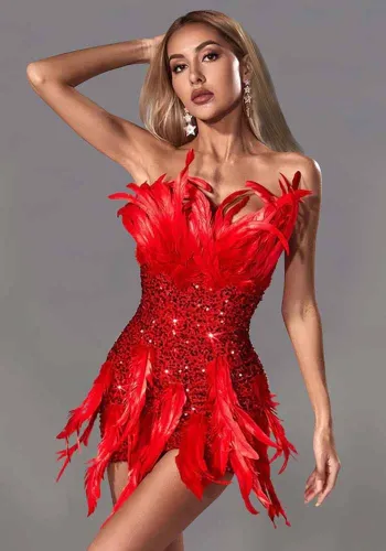 Women Feather Sequin Sexy Strapless Dress