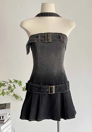 Women Gradient Wash Denim Pleated Dress