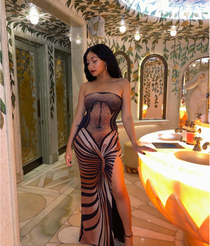 Women Sexy Backless Printed Strapless Slit Lace-Up Dress