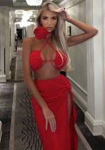 Women Sexy Tie-Wrap Chest Solid Top And Slit Skirt Two-piece Set
