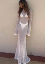 Women Summer Knitting Long Sleeve Backless See-Through Maxi Dress