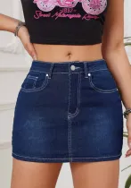 Women Washed Embroidered Stretch Denim Skirt