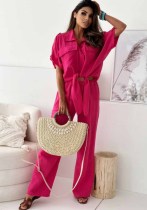 Summer Women Turndown Collar Pocket Single Breasted Lace Up Short Sleeve Shirt And Pants Two Piece Set