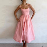 Women summer solid sexy u-neck pleated suspender dress
