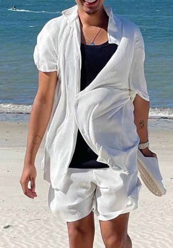 Men's Casual Loose Beach Wear Solid Short Sleeve Shirt and Shorts Two-piece Set