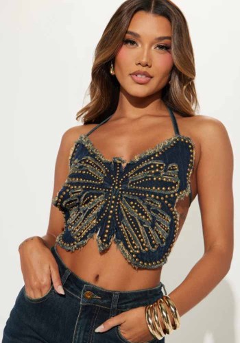 Women Summer Blue Butterfly Beaded Tassel Camisole Embroidered Lace-Up Crop Top