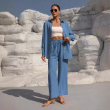 Women Loose Button Long Sleeve Top and Wide Leg Pants Two Piece Set