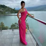 Women Summer Solid Sleeveless One Shoulder Corrugated Maxi Dress