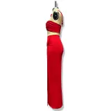 Women Sexy Tie-Wrap Chest Solid Top And Slit Skirt Two-piece Set