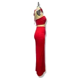 Women Sexy Tie-Wrap Chest Solid Top And Slit Skirt Two-piece Set