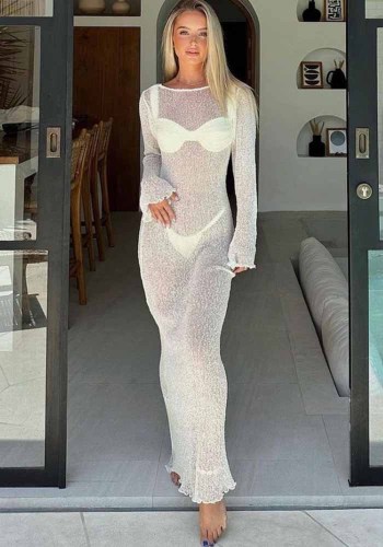 Women Summer See-Through Sexy Holidays Backless Solid Long Sleeve knitting Maxi Dress