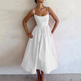 Women summer solid sexy u-neck pleated suspender dress