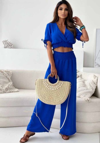 Women summer v-neck lace-up short-sleeved Crop Top And loose Pants Two-piece Set