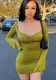 Women U Neck Bell Bottom Long Sleeve Bodycon Solid Pleated Dress