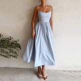 Women summer solid sexy u-neck pleated suspender dress