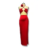Women Sexy Tie-Wrap Chest Solid Top And Slit Skirt Two-piece Set