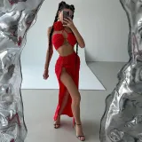Women Sexy Tie-Wrap Chest Solid Top And Slit Skirt Two-piece Set