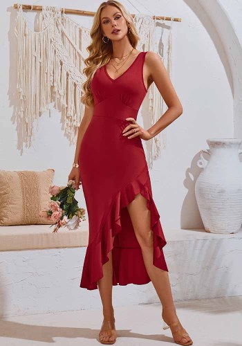 Women summer v-neck sleeveless ruffle dress