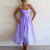 Women summer solid sexy u-neck pleated suspender dress