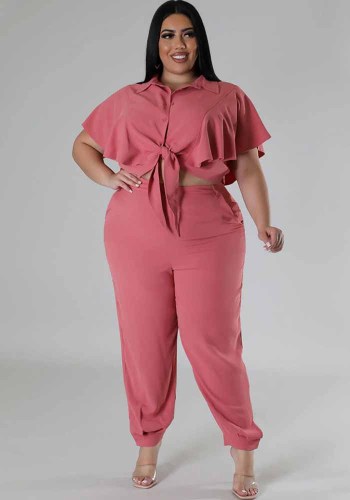 Plus Size Women Summer Button Tie Solid Top And Pant Casual Two-piece Set