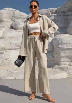 Women Loose Button Long Sleeve Top and Wide Leg Pants Two Piece Set