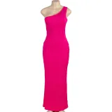 Women Summer Solid Sleeveless One Shoulder Corrugated Maxi Dress