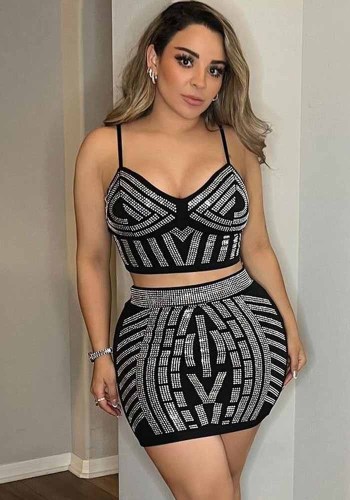 Beaded Elastic Strap Crop Top Bodycon Skirt Two Piece Set