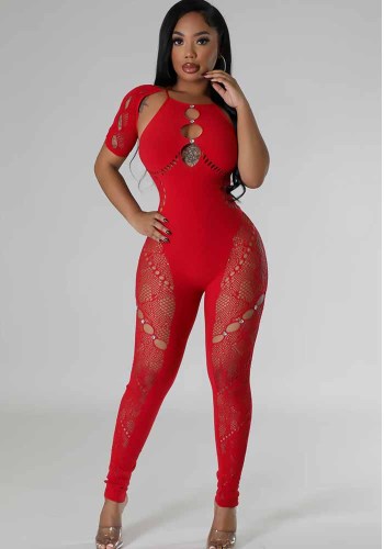 Sexy Hollow See Through Halter Backless Short Sleeve Tight Fit Jumpsuit